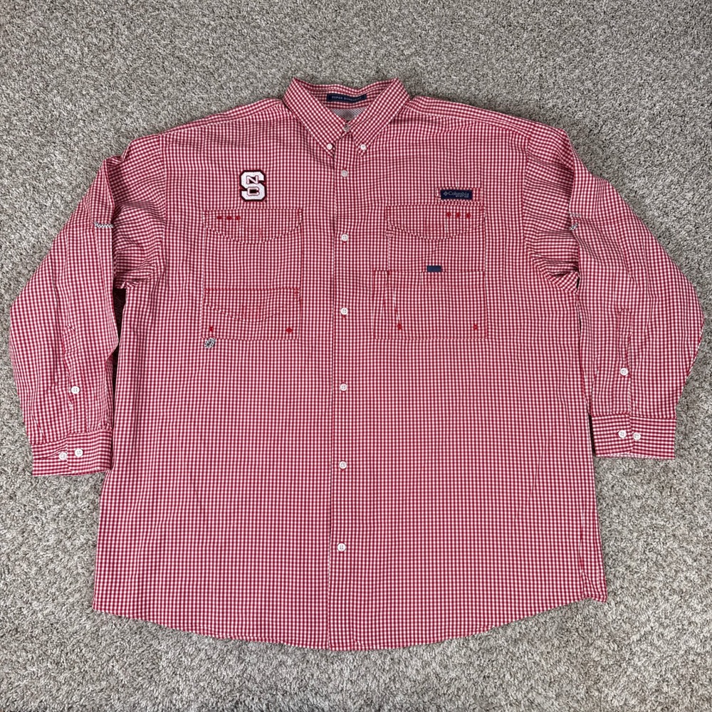 Columbia PFG  Shirt‎ Mens XXL Red Gingham Super Bonehead NC State Wolfpack Logo